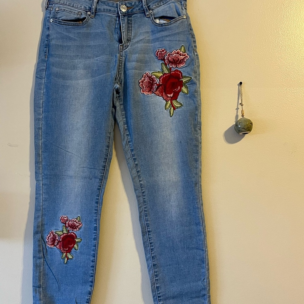 Guess Blue Jeans with Red Floral Embroidery